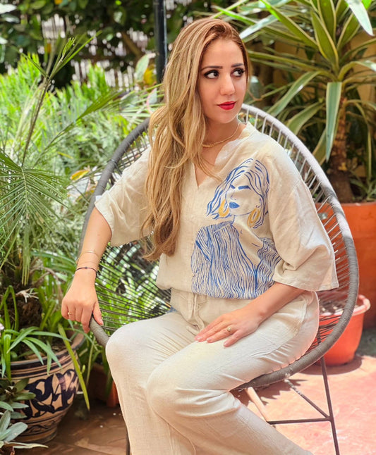 Summer Muse” Linen Set – Hand-Painted Artistic Design