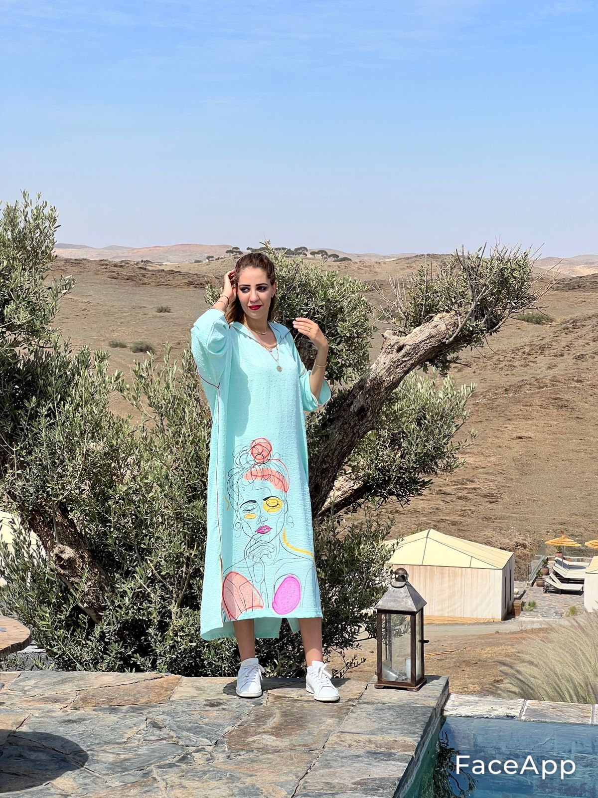 Aqua Dream – Hand-Painted Artistic Djellaba with Abstract Woman Design